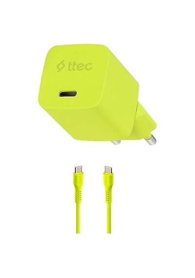 Ttec Smartcharger Gan 45W Avs PD Seyahat Hızlı Şarj Aleti + USB-C - USB-C 3A 120 CM Kablo Neon Sarı
