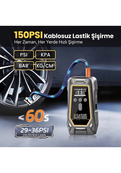 10.000 Mah Taşınabilir Akü Takviye Jump Starter Ve Lastik Şişirme Pompası Kompresör - 12v 7.0l Benzin / 5.5l Dizel Uyumlu