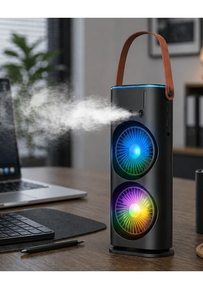 Çift Başlıklı Taşınabilir Fan Rgb Işıklı Sprey Nemlendiricili Masaüstü Serinletici Fan - Lisinya