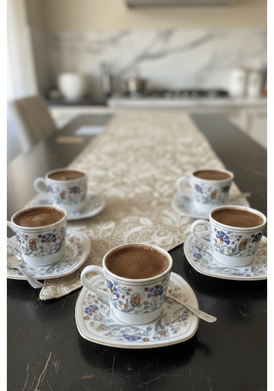 6'lı Osmanlı Desen Fincan Takımı - 12 Parça Porselen Sunum Seti Çok Renkli