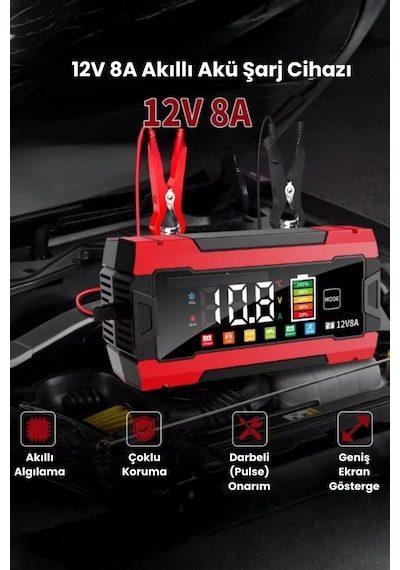 12v 8a Akıllı Akü Şarj Cihazı 12v 8a Lcd Ekranlı Pulse Repair Otomatik Akü Şarj & Desülfatör
