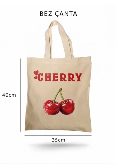 Lunora Collection Cherry Kiraz Baskılı Bez Çanta Açık Krem