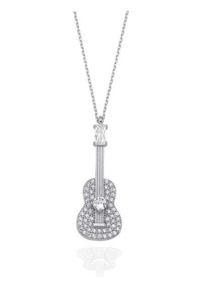 Brezza Lusso Jewelry 925 Ayar Gümüş Baget Taşlı Gitar Kadın Kolye 42 CM