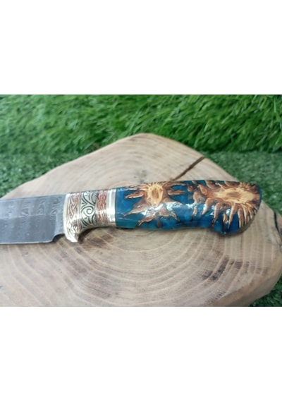 Tctknives Damascus Serisi El Yapımı Şam Çeliği Av Kamp Bıçak Gümüş - Mavi