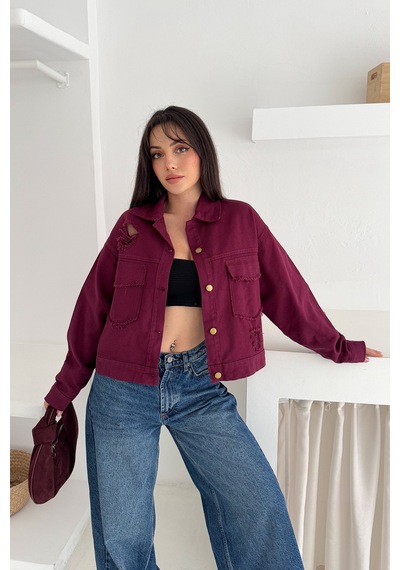 Kadın Yırtık Detaylı Crop Ceket Dinamik & Sokak Stili Bordo