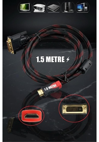 Hdmi To Dvi 24+1 Çevirici Dönüştürücü Monitör Kablosu 1.5 Metre Dual Link Dvı-d 24+1 Konnektörlü Hasır