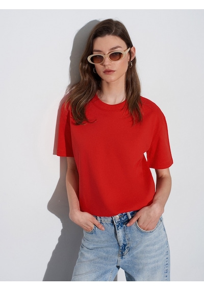 Dilvin Dekoratif Dikişli Bisiklet Yaka Tshirt 101a30312 - Kırmızı