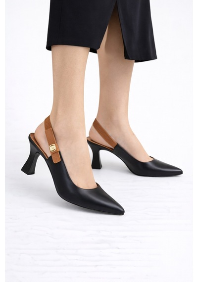 Dadwolf Kadın Slingback Topuklu Ayakkabı Sivri Burun 5,5 Cm Orta Topuk Bantlı Zarif Günlük Ofis Stiletto Siyah