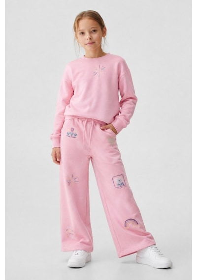 Kız Çocuk Nakış İşlemeli Sweatshirt Eşofman Takım Pembe
