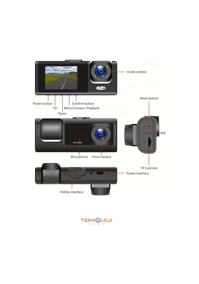 Araç İçi Kamera Ön Arka Ve İç Kayıt 3 Kamera Gece Görüşlü G Sensör Geniş Açı 1080p Dash Cam Full Hd