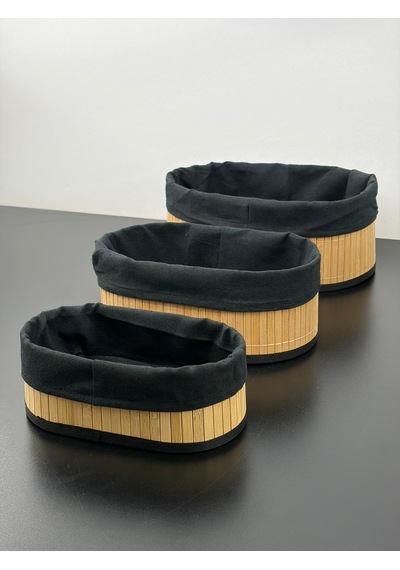 3 Lü Oval Bambu Organizer Düzenleyici Saklama Kutusu Sepet siyah