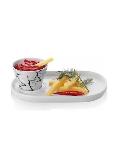 Oval Sunum Tabağı Konik Sosluk Desenli Sunumluk Sosluk 2'li Seti