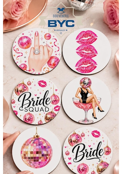 Bride Temalı Bekarlığa Veda Bardak Altlığı 6 Lı Set 9 Cm Mdf Gold