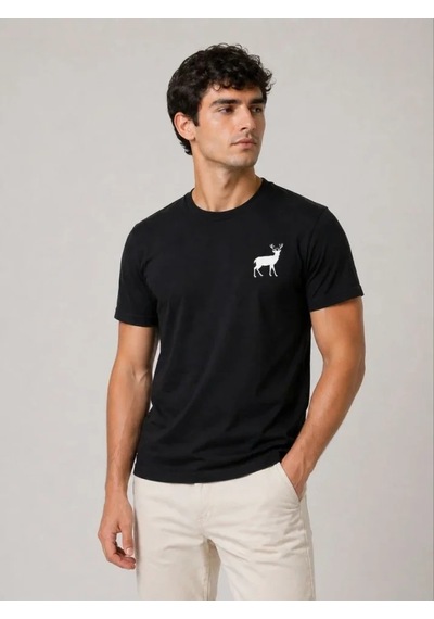 Valensdesign Erkek Minimal Geyik Logolu Tişört Bisiklet Yaka Kısa Kol Yazlık T-shirt - Siyah