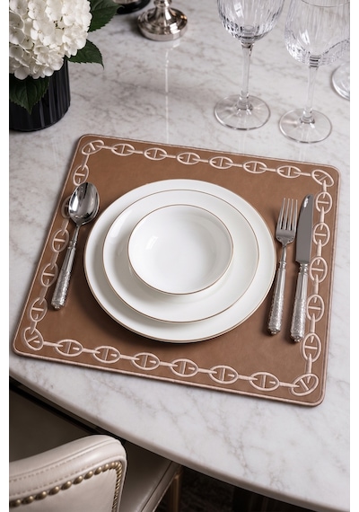 Nakışlı Deri Amerikan Servis 2'li Set Çift Taraflı Kare Supla 40x40 Cm Raya Kahve Gold Koyu Kahve