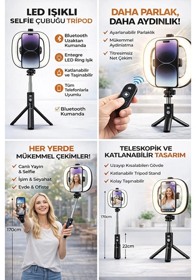Bluetooth Kumandalı Şarjlı 6 İnç Led Ring Light Katlanabilir Selfie Çubuğu Ve Tripod 3 Renk Tonu