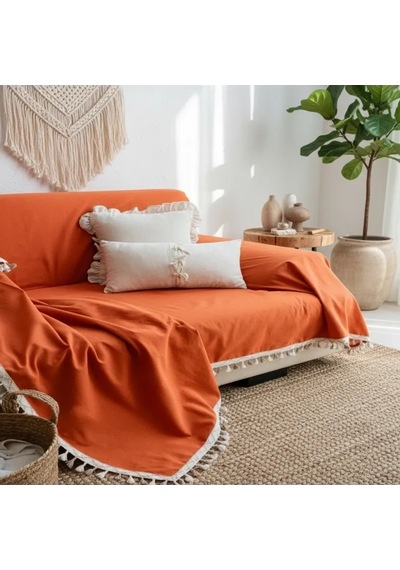 Premium Keten Tarçın Kahverengi Ponponlu Koltuk Örtüsü 170 X 220