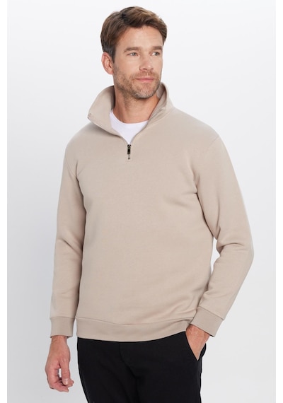 Tudors Unisex Relax Fit Rahat Kesim Pamuklu İçi Polarlı Yarım Fermuarlı Taş Renk Dik Yaka Sweatshirt-31444 Taş