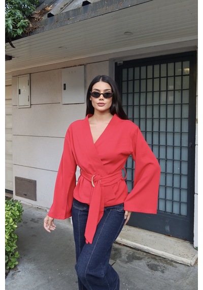 Kechi Woman Krep Kumaş Kruvaze Kemerli Kimono Bluz Kırmızı