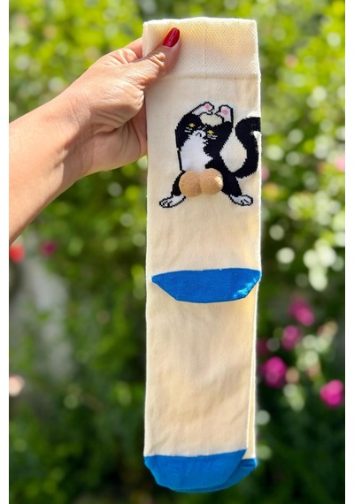 Lousocks Unisex Bej Sırtı Dönük Kedi Desenli Ponpon Soket Çorap