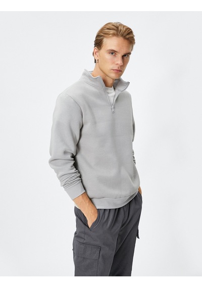 Koton Yarım Fermuarlı Sweatshirt Dik Yaka Uzun Kollu Şardonlu Gri 4wam70024mk Gri