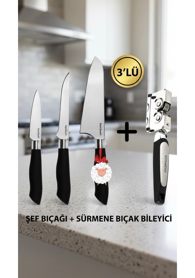Nishev Mastercut 3'lü Şef Bıçağı Seti Sürmene Bıçak Bileyici / Kurban Bayramına Özel Set Renkli