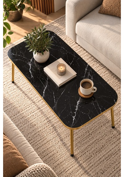 Sulorahome Gold Ayaklı Mermer Desenli Siyah Orta Sehpa 90x50 Cm Altın - Siyah