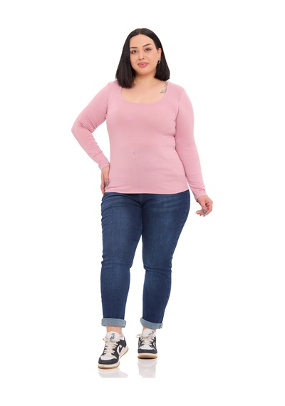 Disentis Büyük Beden U Yaka Uzun Kollu Viskon Pembe Body Pembe