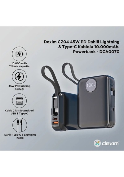 Dexim 10.000 Mah 45w Lightning Type-c Kablolu Hızlı Taşınabilir Güç Kaynağı Çok Renkli