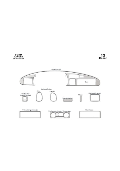 Ford Ranger Torpido Kaplama 1999-2006 12 Parça Alüminyum