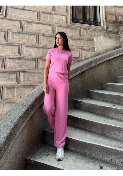 WeShaya Pembe Modal Polyester Palazzo Cepli Takım Pembe