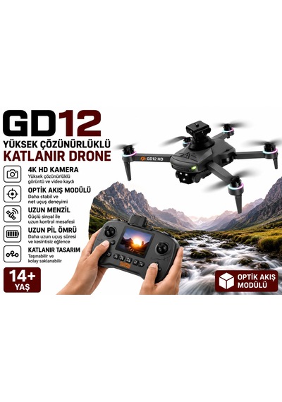 Gd12 Drone Ekranlı Kumanda Sabit Uçuş Fırçasız Motor Tek Tuş İniş Kalkış Başsız Mod 360 Derece Engel Algılama Wifi Cam