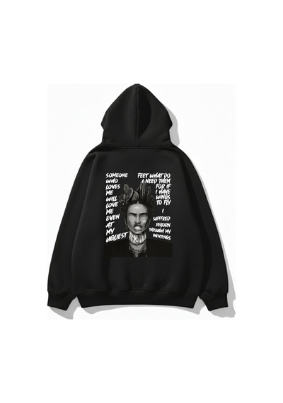 Uyguntarz Unisex Yumuşak Dokulu Frida Kahlo Viva La Vida Baskılı Tasarım Oversize 3 İplik Hoodie Sweatshirt siyah