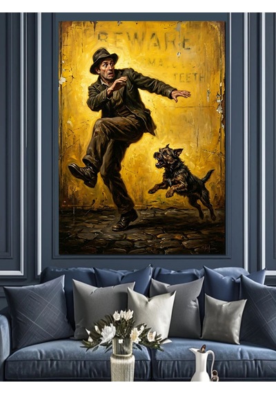 Köpekten Kaçan Adam Komik İllüstrasyon Dekoratif Kanvas - Mdf Ahşap Tablo