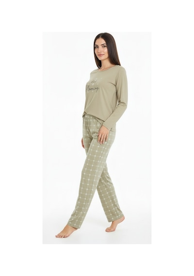 Üstü Yazılı Altı Kare Desenli Elite Viscose Uzun Pijama Takımı Yeşil 3554 Haki