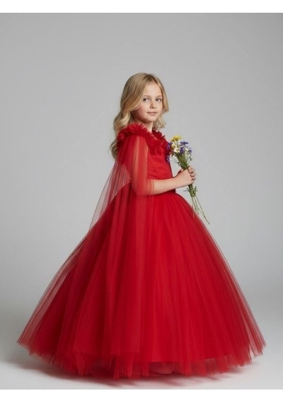 Zekids Kız Çocuk Kol Detaylı Prenses Model Abiye Elbise-17245 Kırmızı