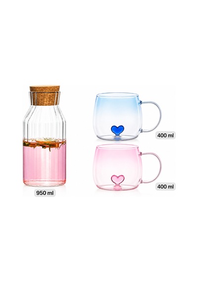 Porsima Mantar Kapaklı Çizgili Cam Başucu Sürahisi Ve Kalp Figürlü 2'li Cam Kupa Seti 950 Ml Sürahi + 2x400 Ml Kupa