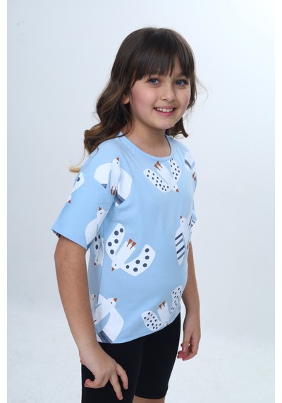 Toontoy Kids Toontoy Kız Çocuk Kuş Pano Baskılı Tişört Mavi