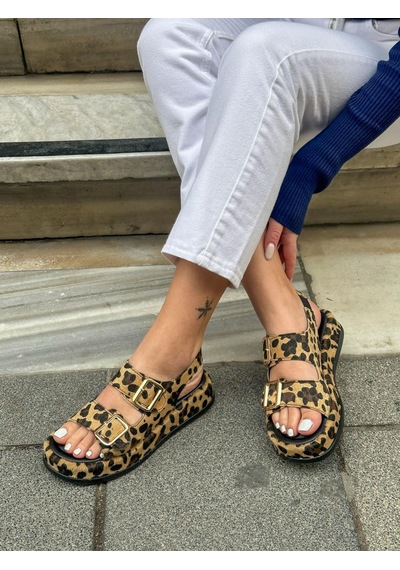 Erva'nın Butiği Leopar Jenny Gold Toka Detay Kadın Sandalet-5742