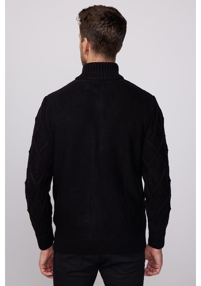 Tudors Slim Fit Desenli Dik Yaka Fermuarlı Siyah Erkek Hırka-28267-siyah Siyah