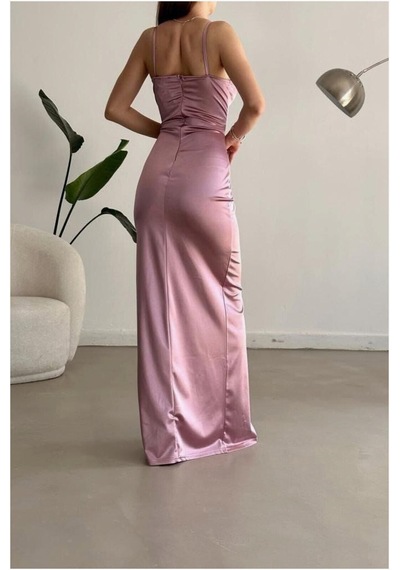 Lior Design Kadın Şık Saten Kumaş V Yaka Yırtmaçlı Askılı Abiye Elbise Gülkurusu