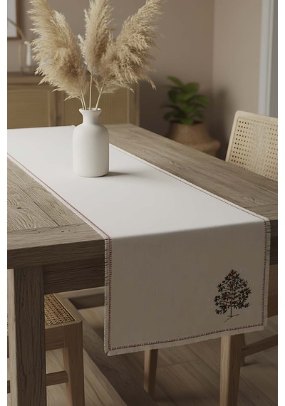 Rivaistanbul Çam Ağacı Nakışlı Hasır Görünümlü Kenarları Püsküllü Runner 40x115 Cm Çok Renkli