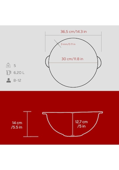Lava Döküm Yuvarlak Özbek Kazanı / Tencere. Döküm Demir Yekpare Kulplu Çap Ø 30cm.-bordo Bordo