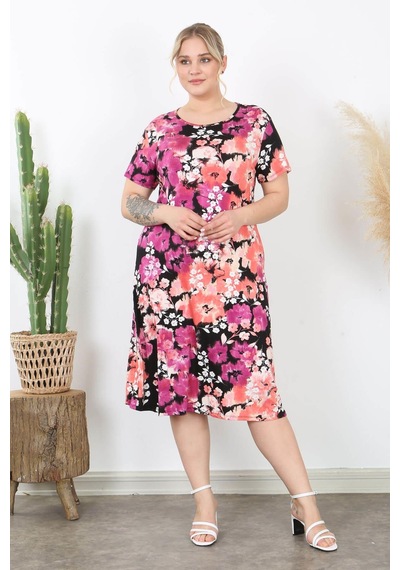 Mooi Xxl Kadın Pembe Somon Kırçiçeği Desen Midi Elbise Pembe