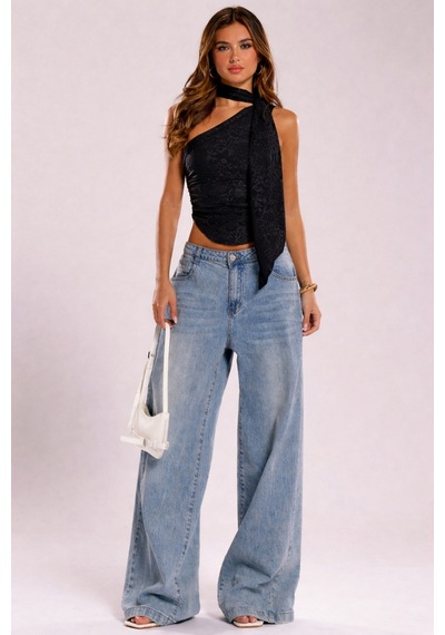 Meren Like Your Style Dantel Detaylı Tek Omuz Şal Detaylı Tek Omuz Crop Bluz Siyah