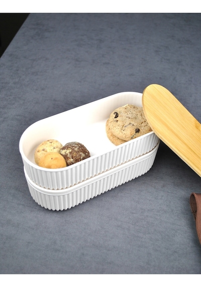 2'li Ahşap Kapaklı Lunch Box Saklama Kabı Ve Beslenme Kutusu - 2x500 Ml Krem