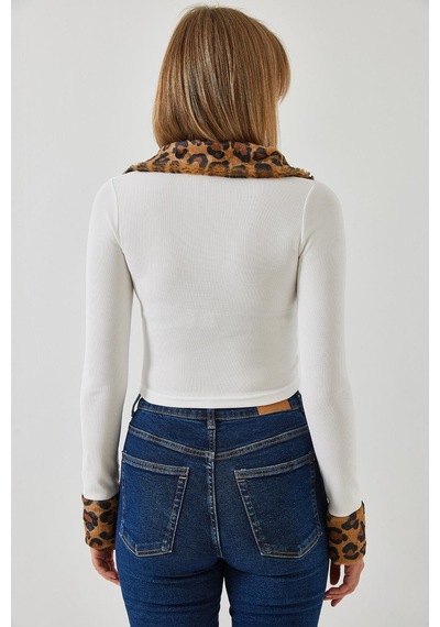 Shade Kadın Leopar Peluşlu Fermuarlı Hırka 60261015 - Beyaz