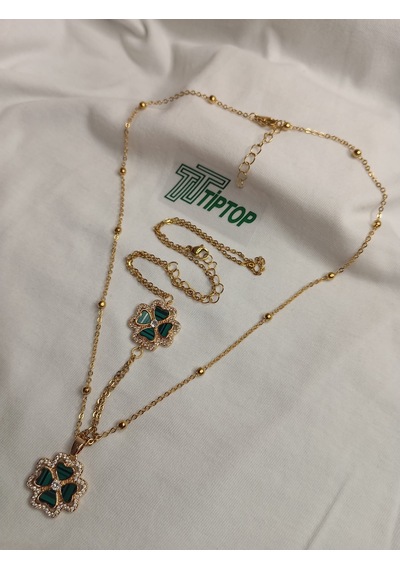 Tiptop/ Yeşil Mineli Yonca Model Gold Renk Kolye Ve Şahmeran Set Gold