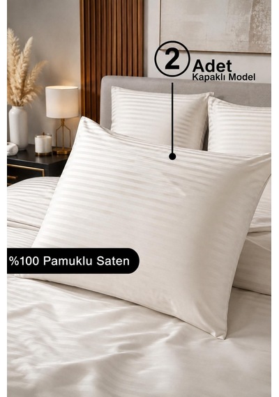 %100 Pamuk Saten Çizgili Kapaklı Yastık Kılıfı 2'li Lüx Otel Kalitesi 50x70 Krem Taş