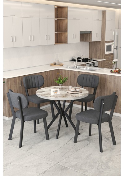 Gnr 90cm Sabit Efes Mutfak Masası Takımı, Yemek Masası, 4 Modern Antrasit Sandalye Antrasit